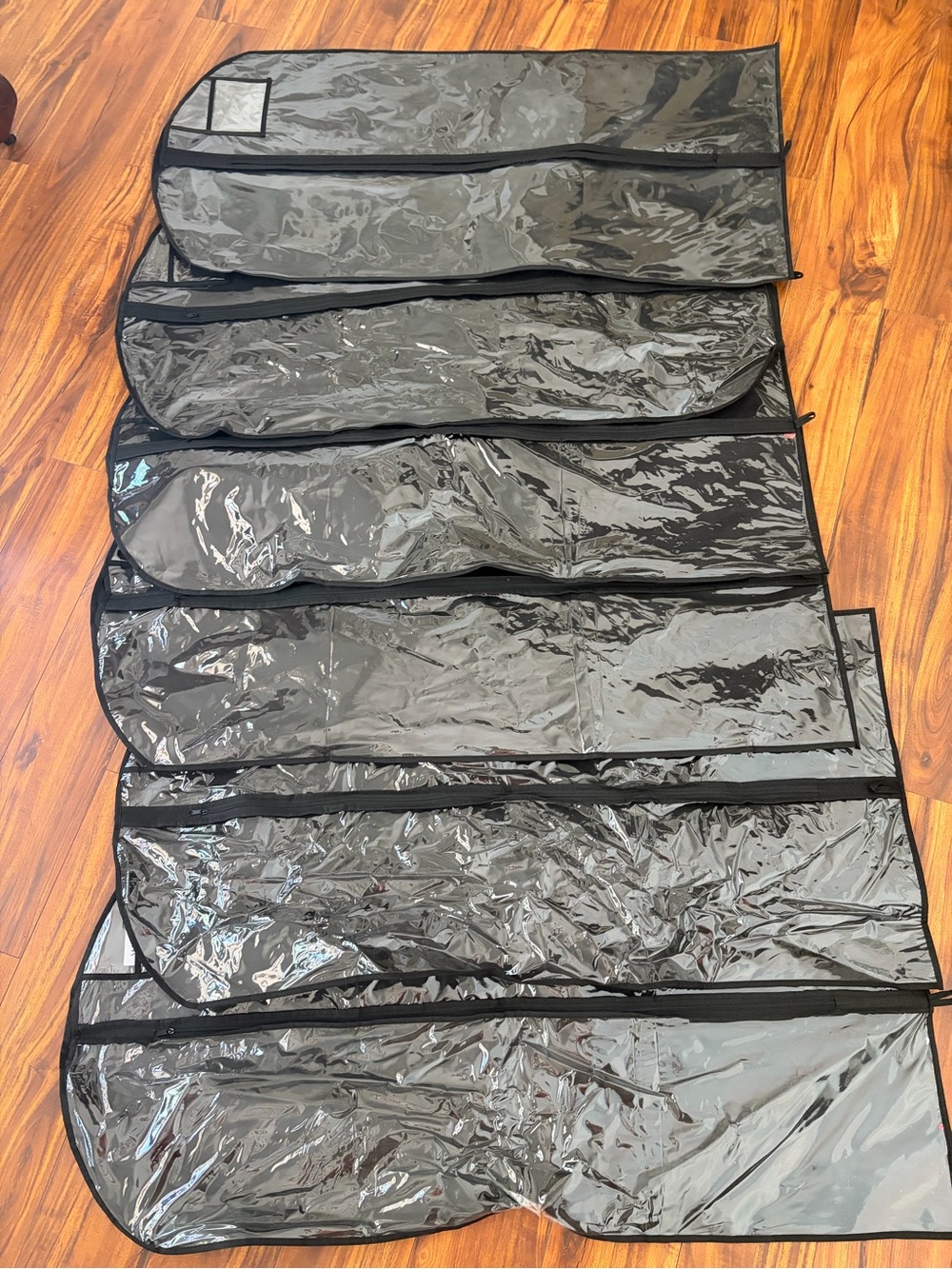 LOT OF 6 Clear Garment Bags - Black Trim Pocket in bottom back for storage